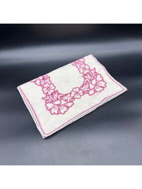 Vintage Floral Table Runner Embroidered White Pink Rectangular Flowers Cottage